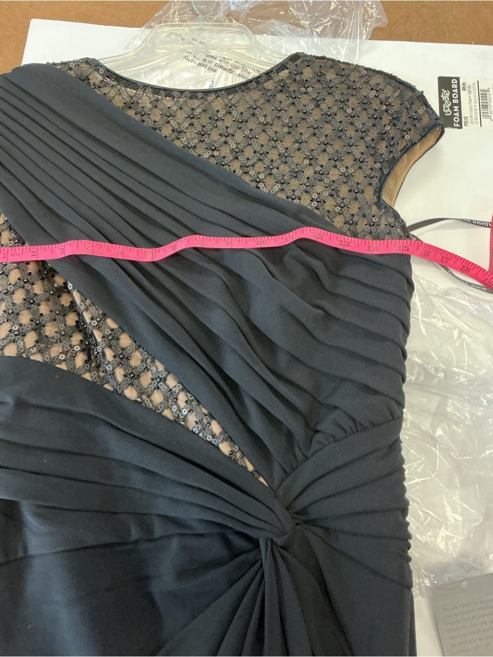 NWT Tadashi Shoji Black Beaded Mesh Draped Size S Jetta Peek-A-Boo Illusion Gown - Picture 13 of 16